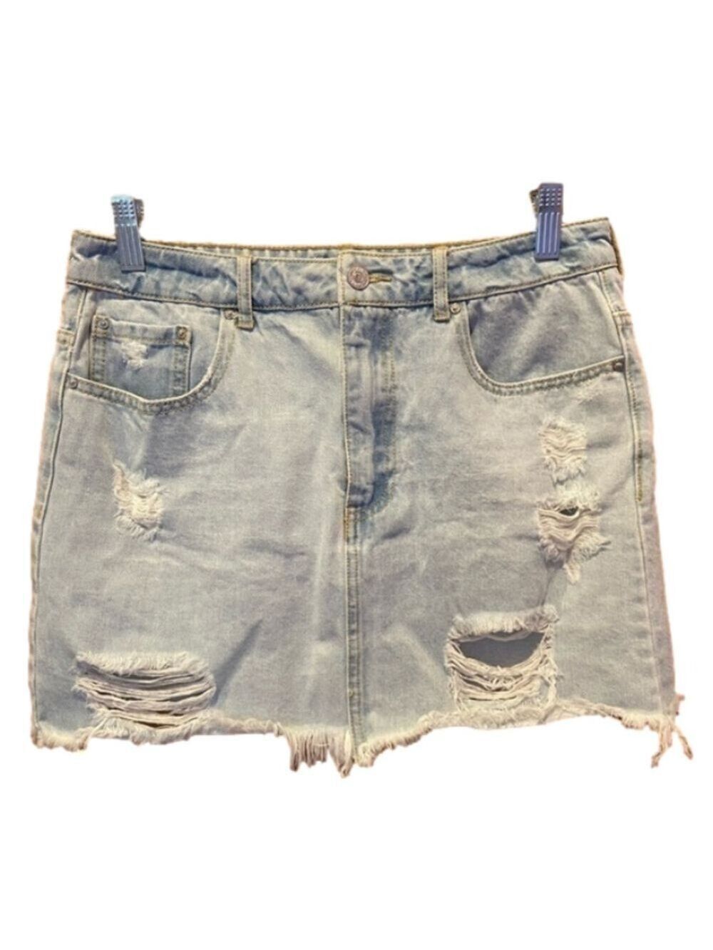 Distressed Light Wash Denim Mini Skirt